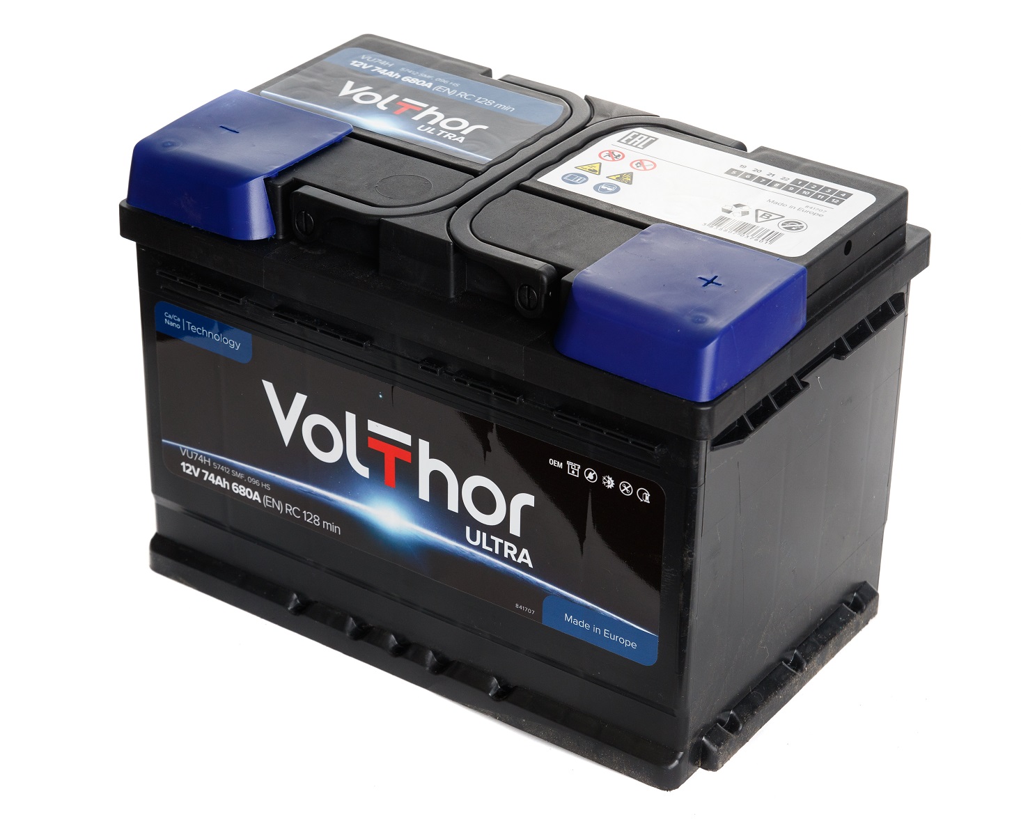 Акумулятор легковий VOLTHOR 6СТ-74(680) ULTRA 12B, 74Ah, 680A, плюс праворуч (R+) кальцієвий (Ca/Ca) 278X175X190 мм (301274)